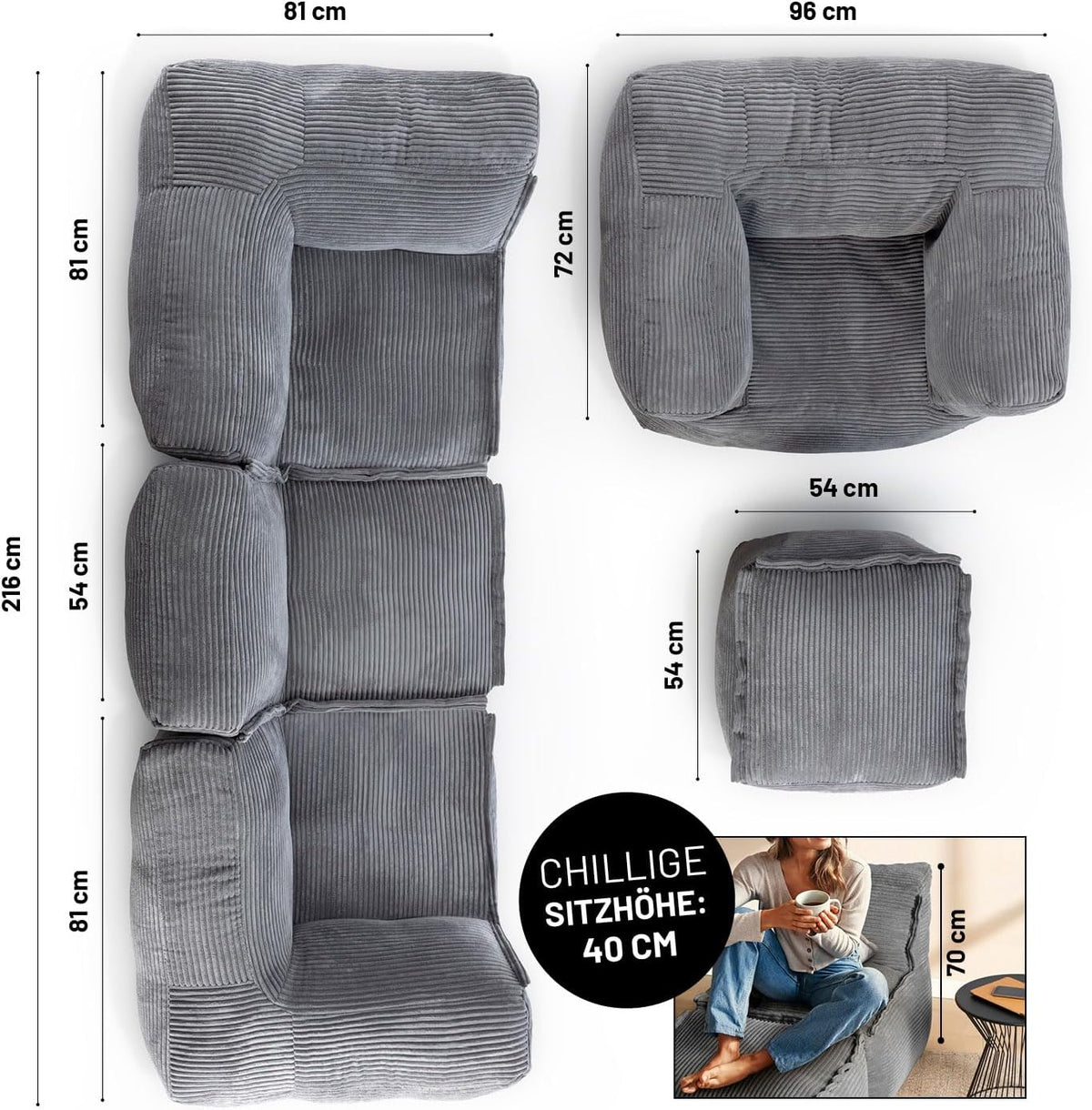 Lumaland Modulares Cord Sitzsack Sofa Set – Bean Bag Module mit EPS-Füllung, Weich, Indoor, Modern