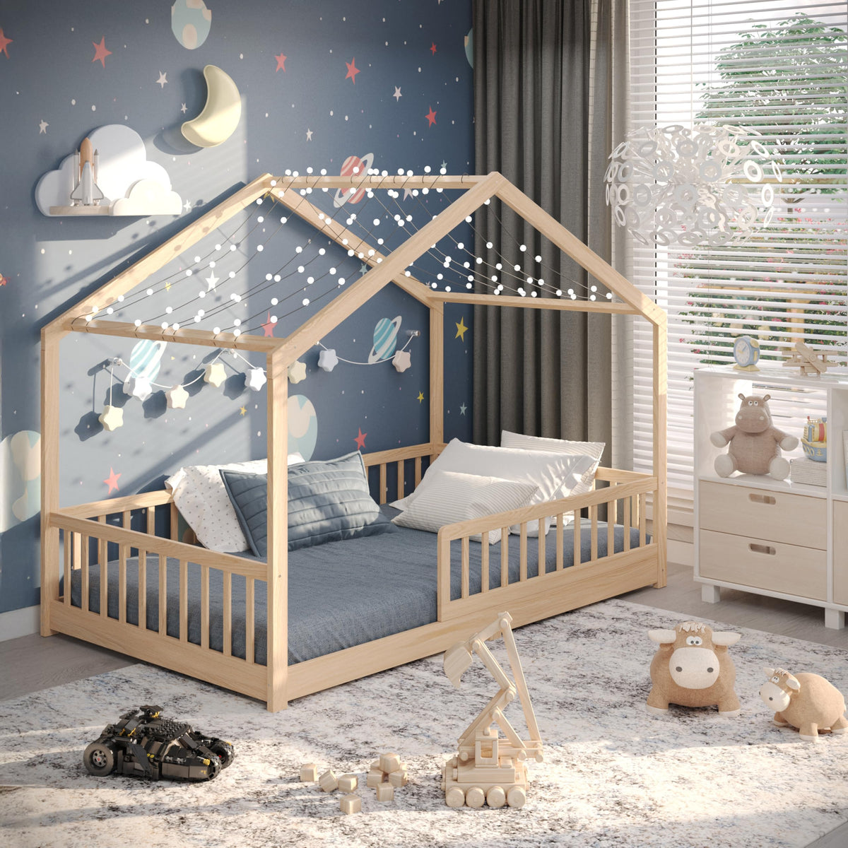 CADANI Malte Kinderbett Montessori Bodenbett Massivholz Kiefer mit Rausfallschutz und Roll-Lattenrost, Skandinavisches Hausbett für Kinder