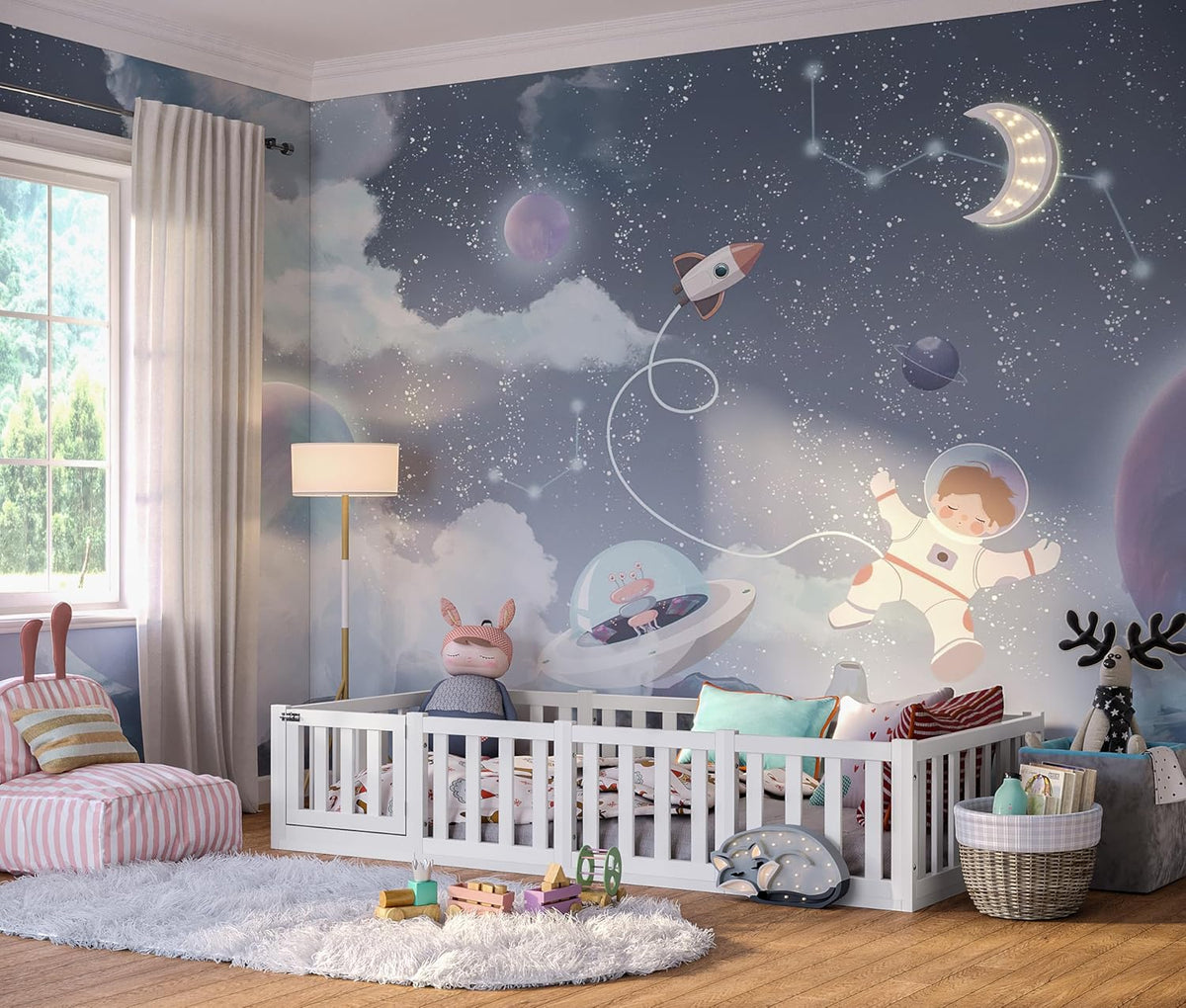Bellabino Montessori Kinderbodenbett Kiefer Massivholz mit Rausfallschutz & Lattenrost