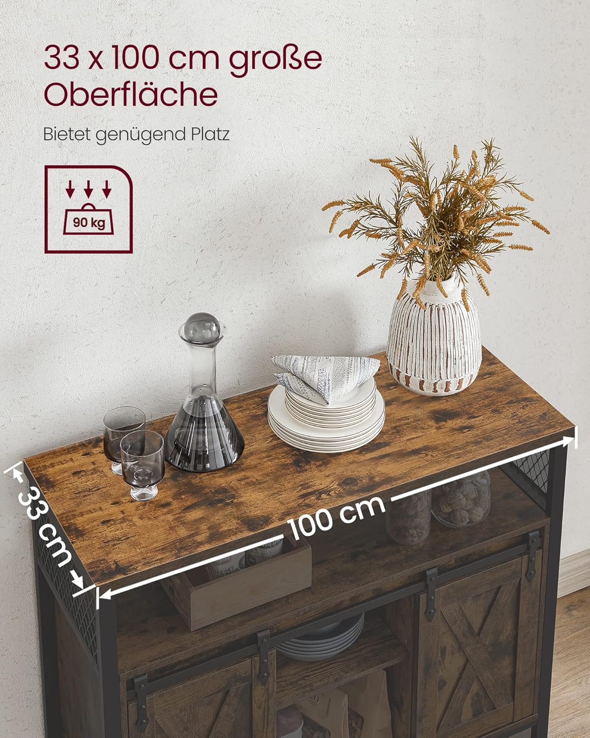 VASAGLE Sideboard mit Schiebetüren, Küchenschrank Landhausstil, Vintagebraun 100 cm
