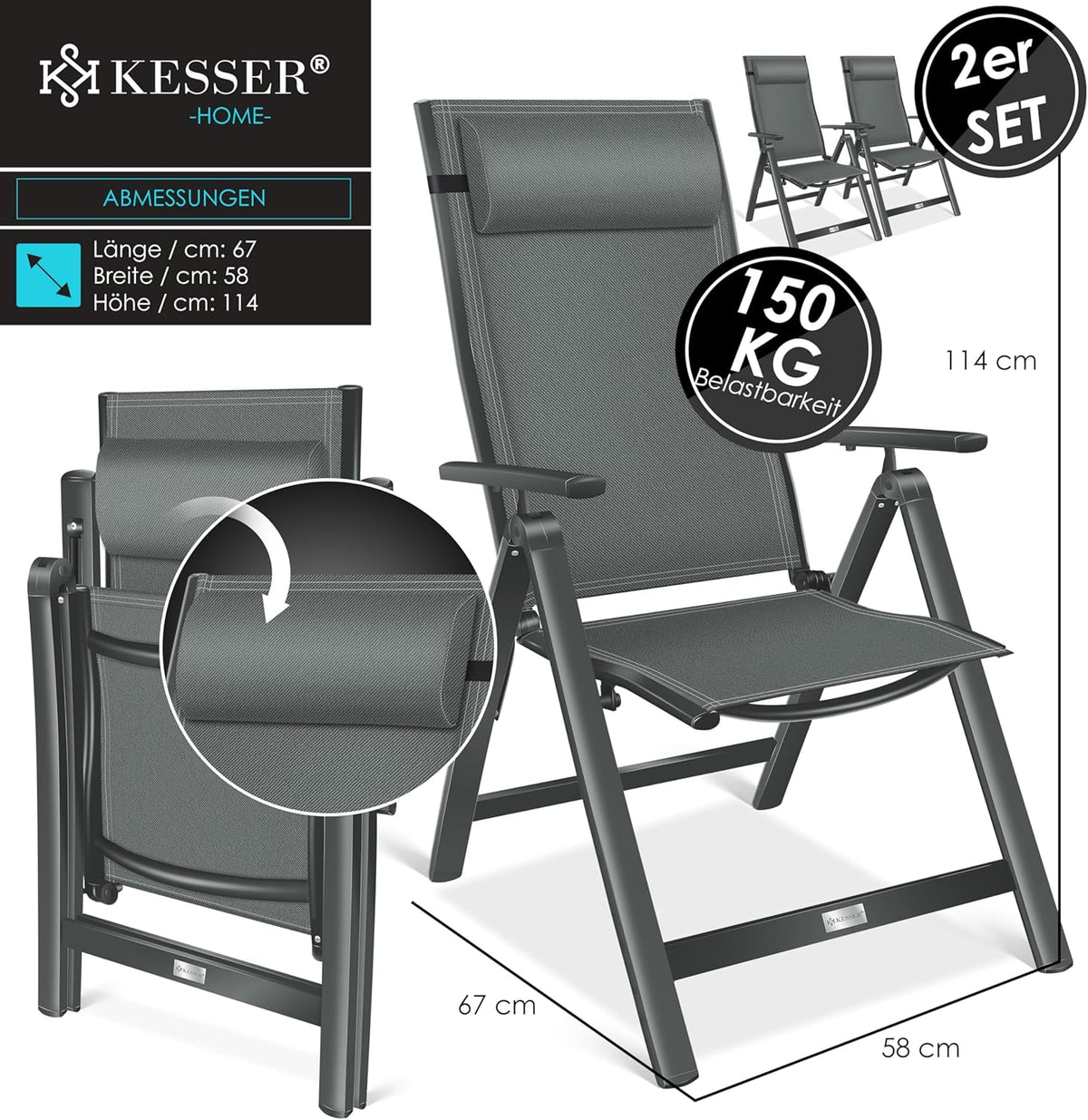 KESSER Gartenstuhl Hochlehner – Klappstuhl Aluminium, Wetterfest, Mit Kopfkissen, Outdoor