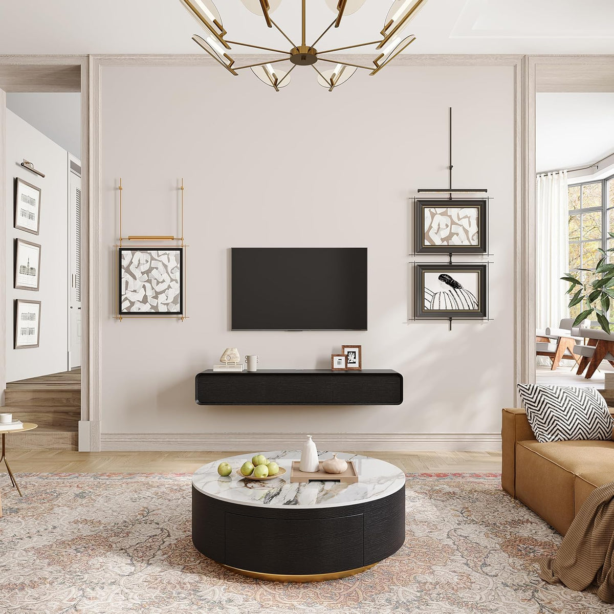 POVISON Floating TV Stand Solid Wood – Modern Wall Mounted Media Console with Storage & Cable Management