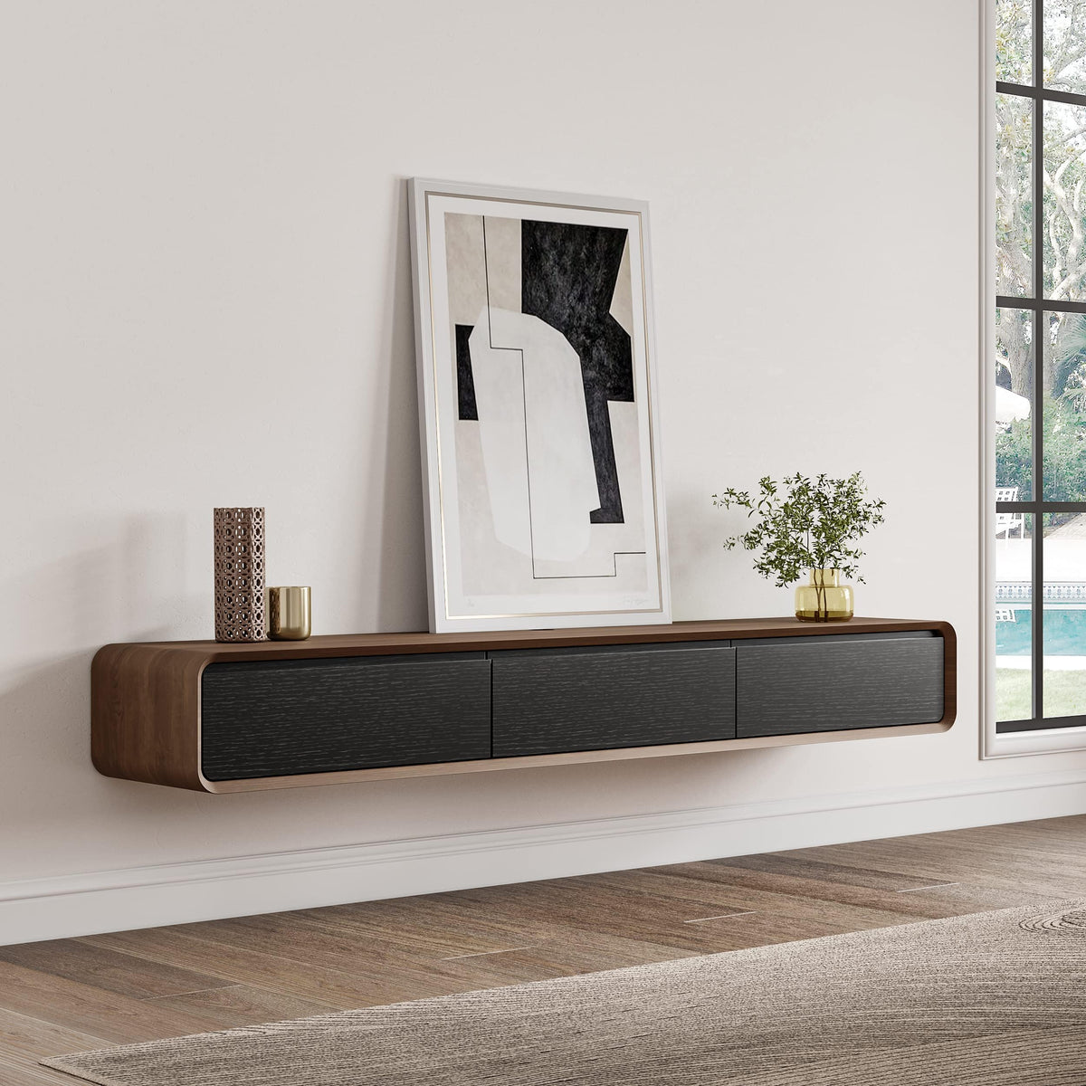 POVISON Floating TV Stand Solid Wood – Modern Wall Mounted Media Console with Storage & Cable Management