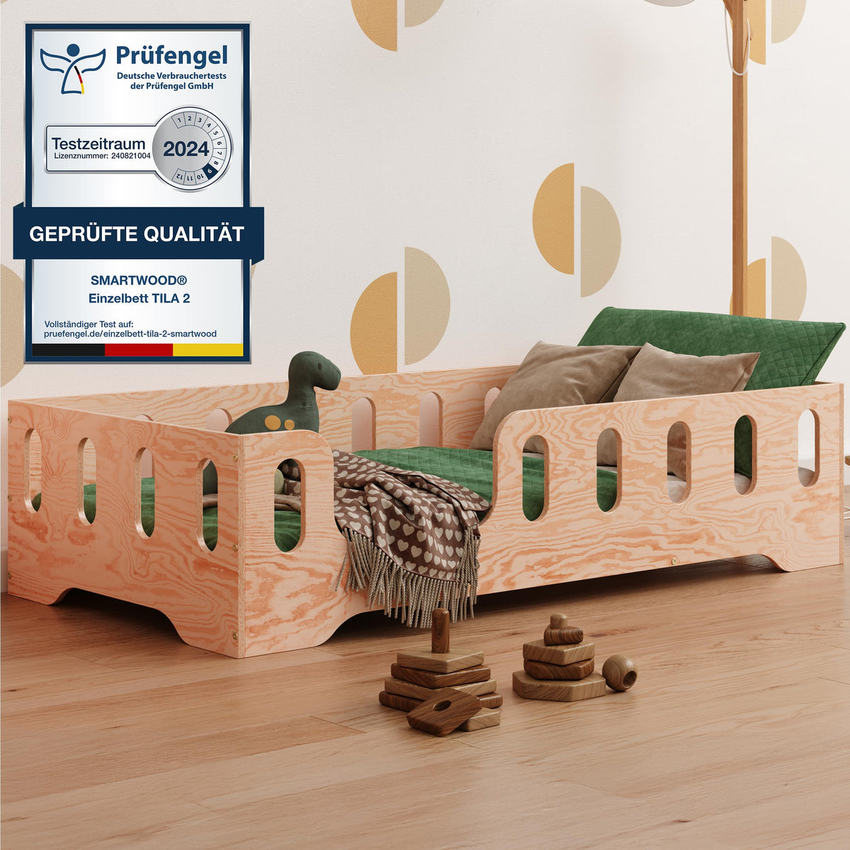 smartwood Bodenbett 70x140 Montessori Kinderbett aus Holz mit FSC-Zertifikat TILA 2L mit Rausfallschutz & Lattenrost bis 230kg belastbar - Einfache Montage
