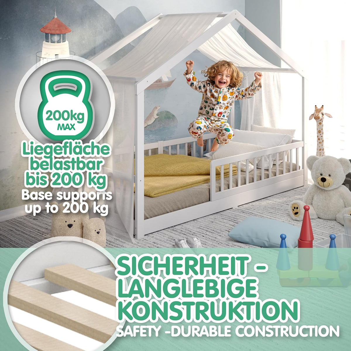 CADANI Malte Kinderbett Montessori Bodenbett Massivholz Kiefer mit Rausfallschutz und Roll-Lattenrost, Skandinavisches Hausbett für Kinder