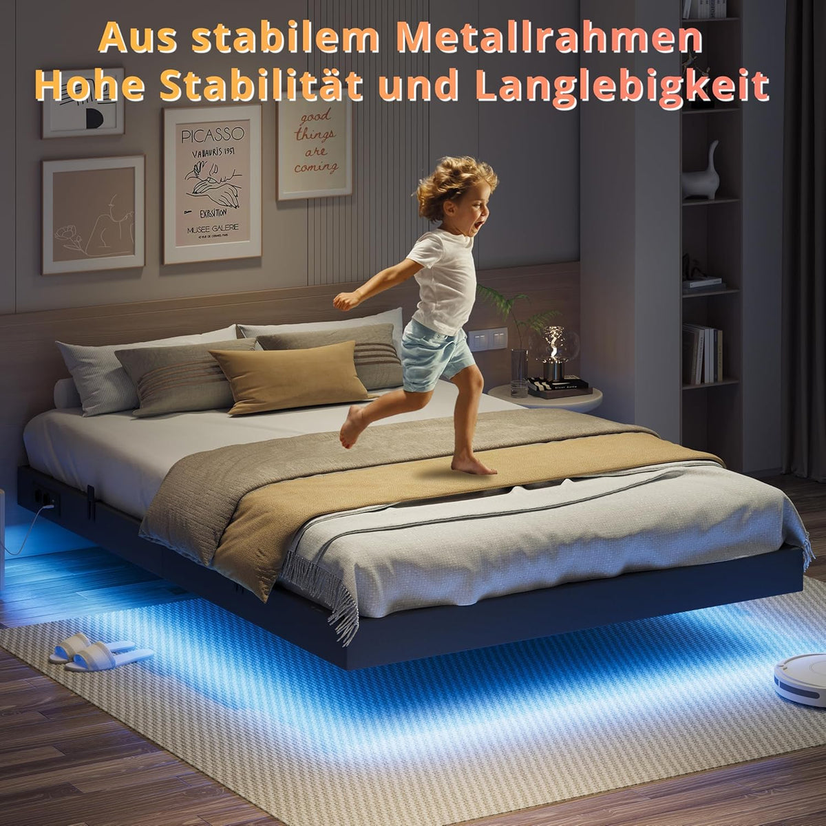 IRONCK Bettrahmen mit LED & Ladestation – Floating Bed, Metallrahmen, gepolstert