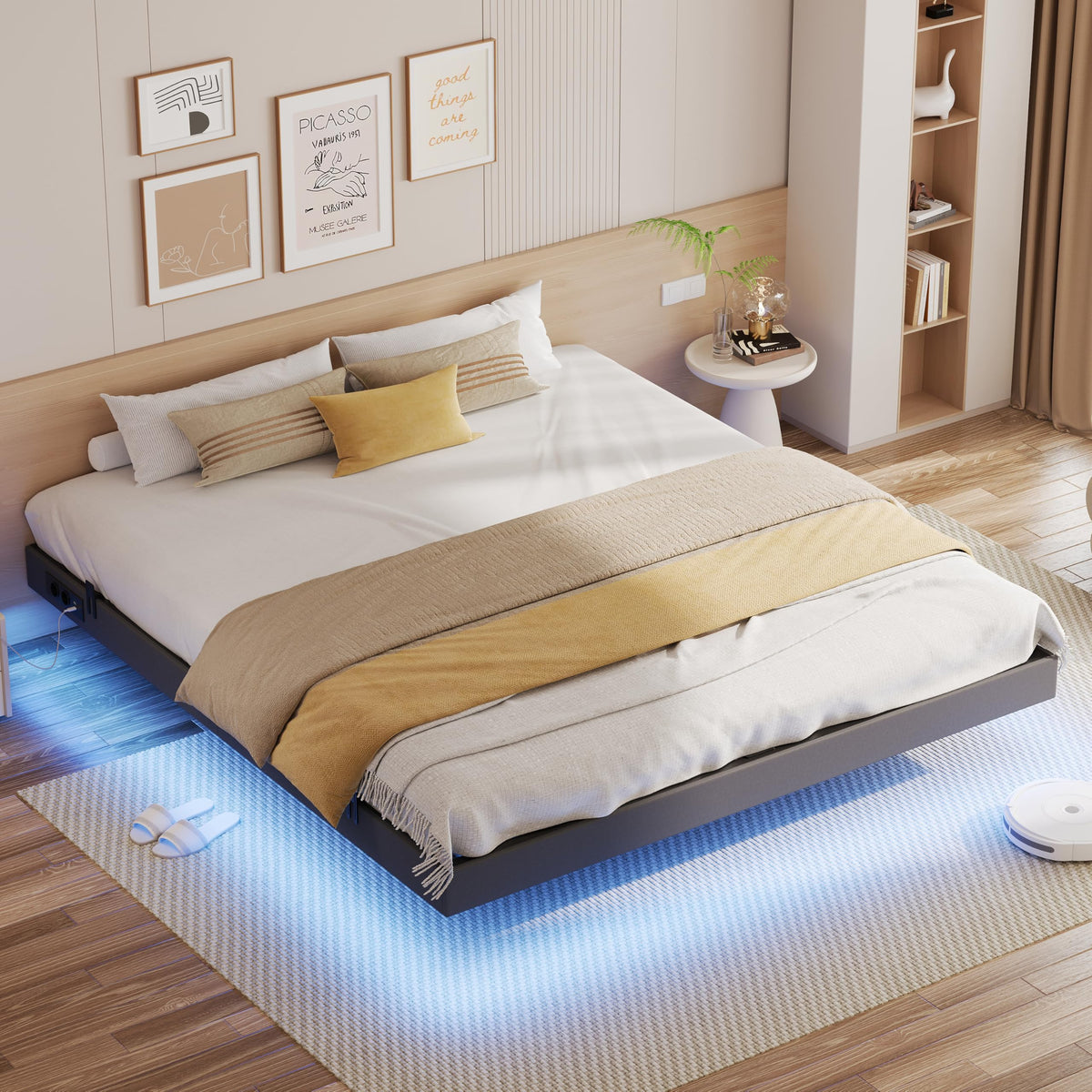IRONCK Bettrahmen mit LED & Ladestation – Floating Bed, Metallrahmen, gepolstert