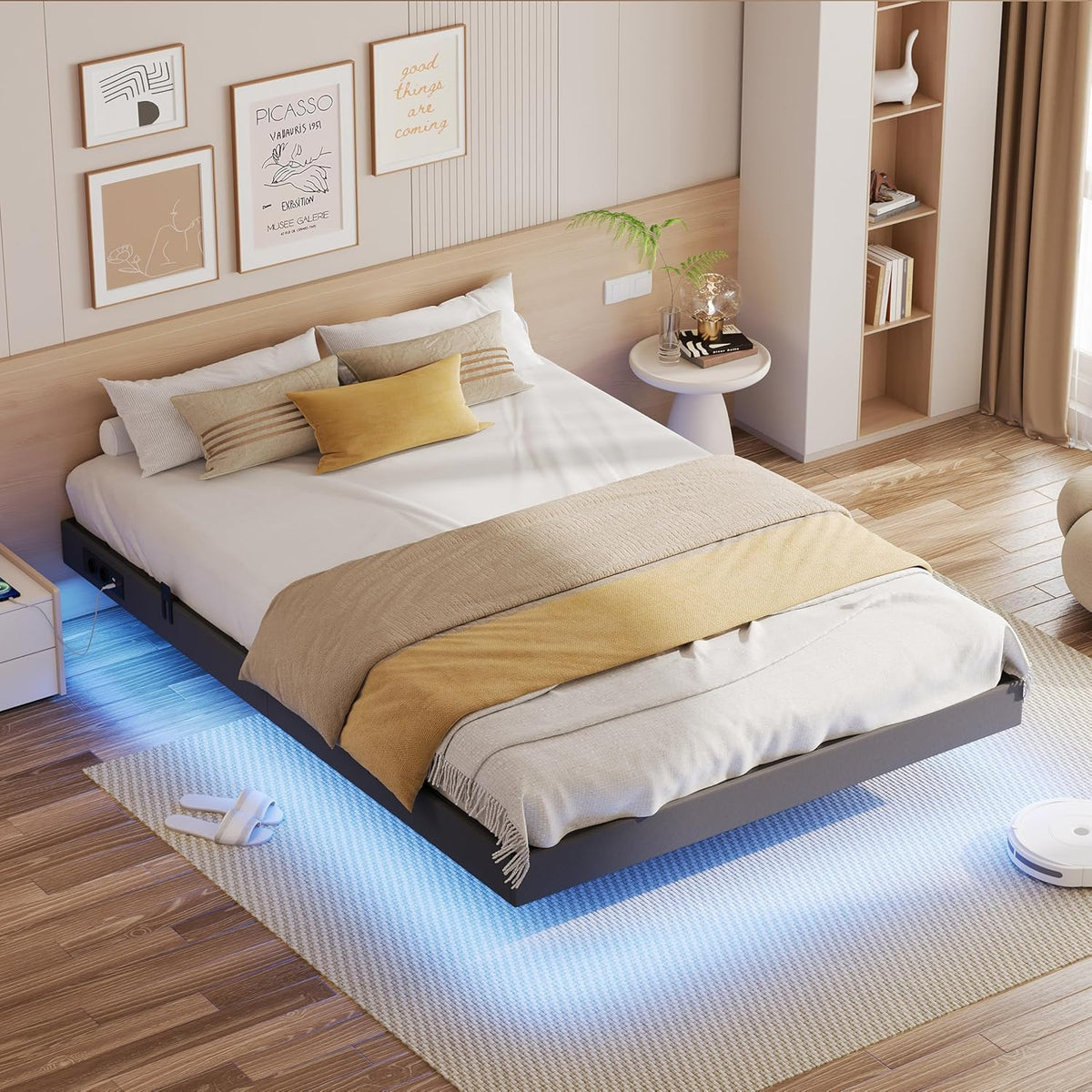 IRONCK Bettrahmen mit LED & Ladestation – Floating Bed, Metallrahmen, gepolstert