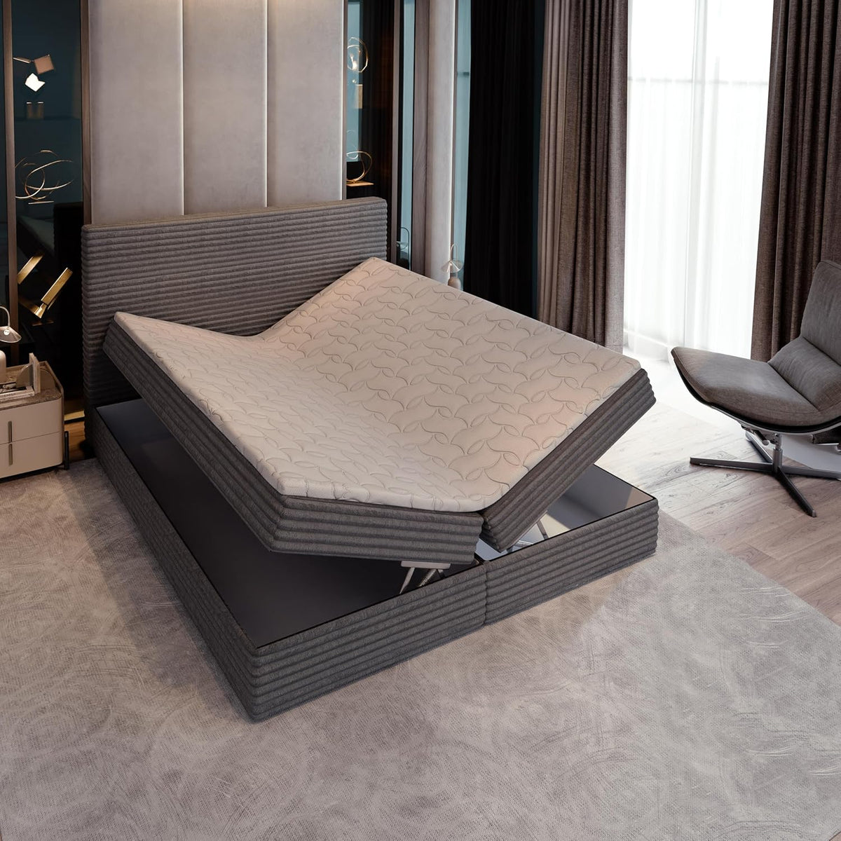 Masseno Boxspring bed PISA – Complete set with mattress & topper, storage box, upholstered bed