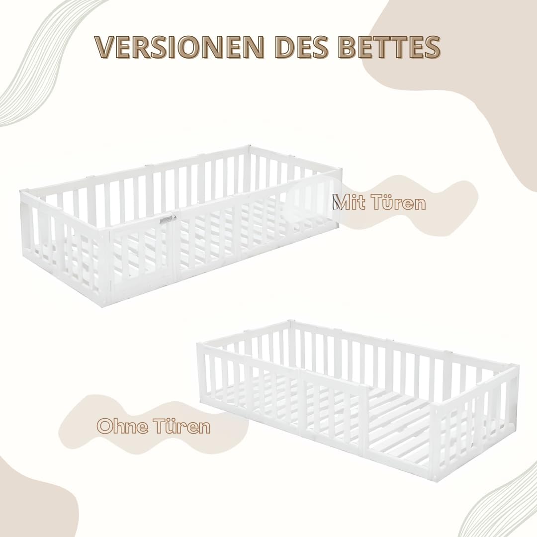 Kinderbett 120x200 cm – Montessori Bodenbett mit Rausfallschutz 40cm und Öffnbarer Barriere - Weiß mit Glatter Oberfläche - Perfekt für Jungen und Mädchen Crazy Johnny