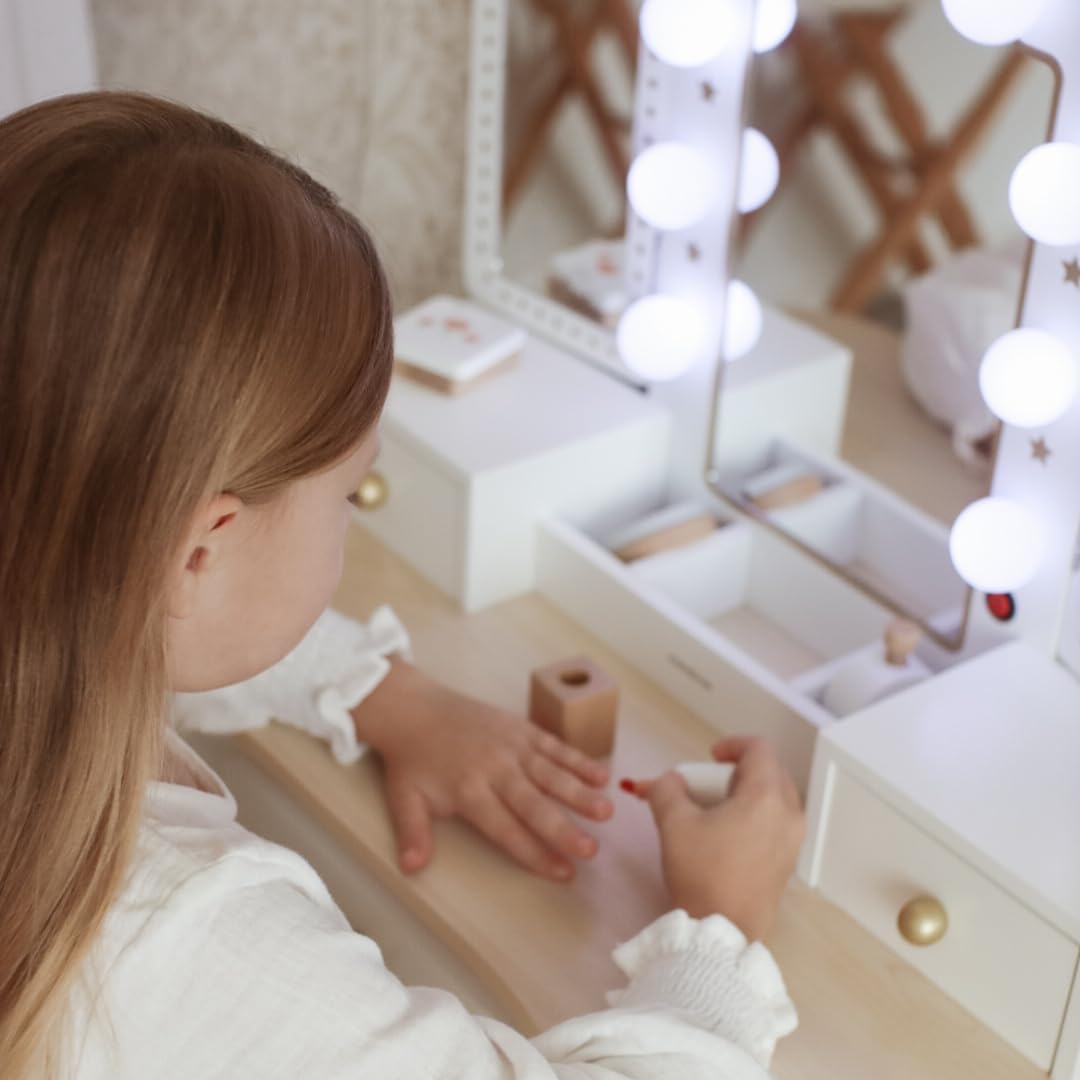Mamabrum XXL Kinder Schminktisch aus Holz mit LED-Spiegel, Hocker & Beauty Zubehör