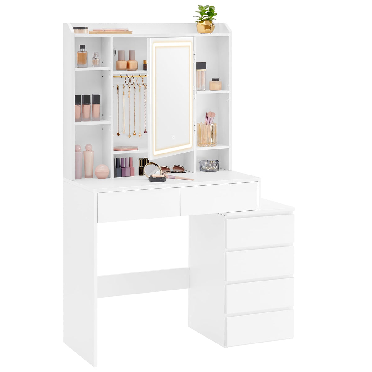 VASAGLE Kailyn Vanity Table with LED Mirror, Stool, Drawers, White