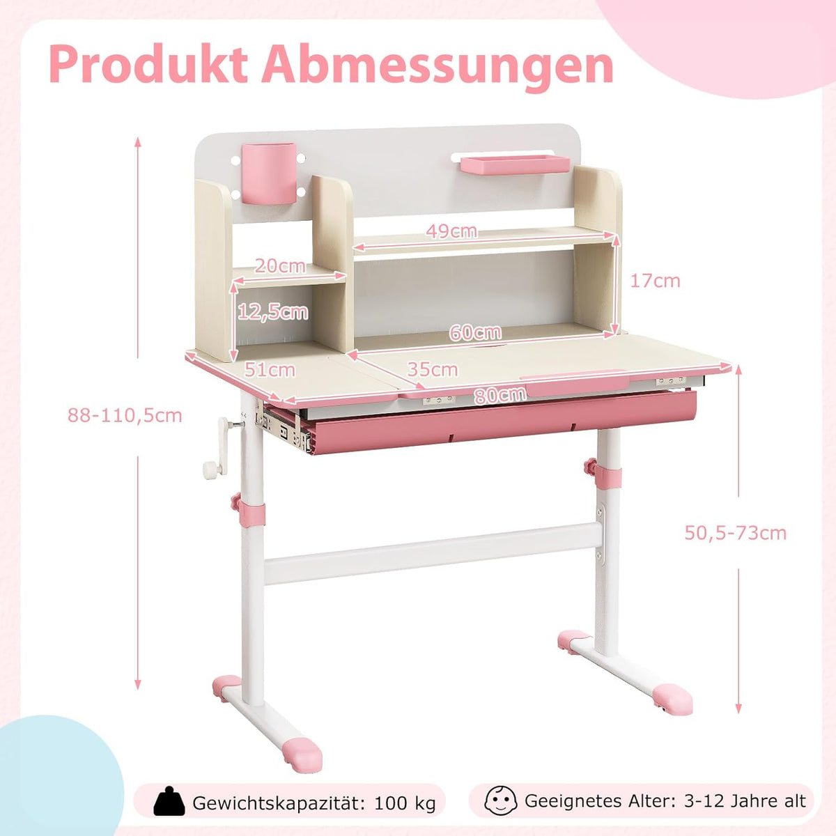 COSTWAY Kinderschreibtisch höhenverstellbar - neigbare Tischplatte, Regal & Schublade