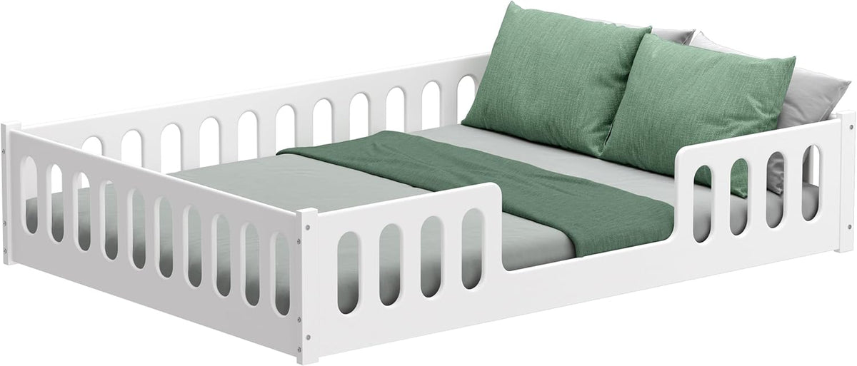 CADANI Monte Montessori Bodenbett Kinderbett mit Rausfallschutz, umbaubar, Massivholz, Rollrost, weiß