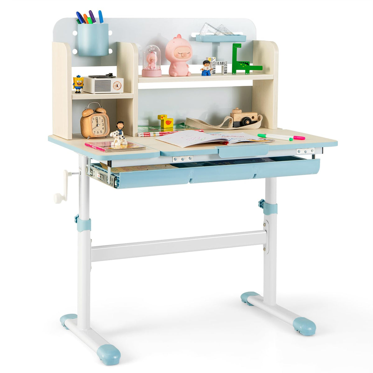 COSTWAY Kinderschreibtisch höhenverstellbar - neigbare Tischplatte, Regal & Schublade