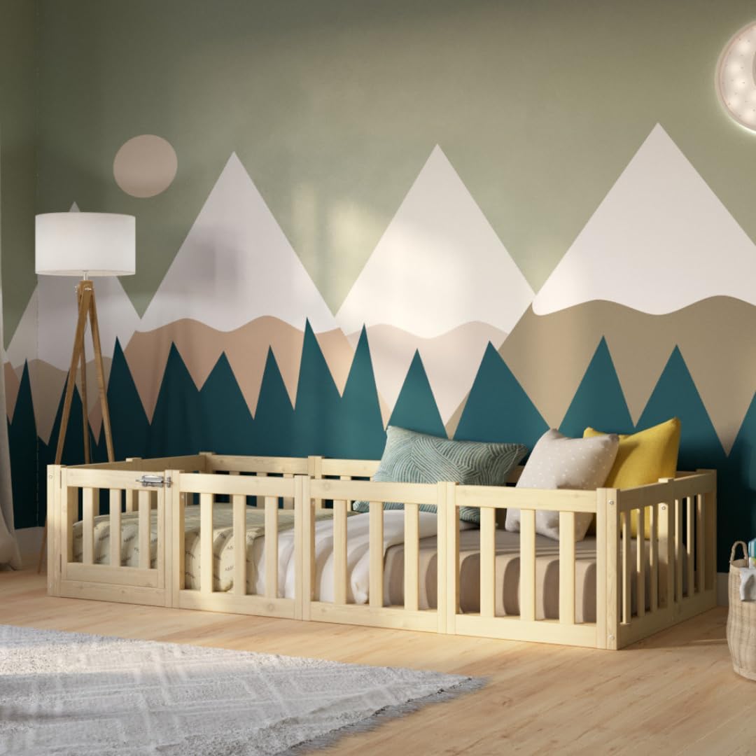 Kinderbett 120x200 cm – Montessori Bodenbett mit Rausfallschutz 40cm und Öffnbarer Barriere - Weiß mit Glatter Oberfläche - Perfekt für Jungen und Mädchen Crazy Johnny
