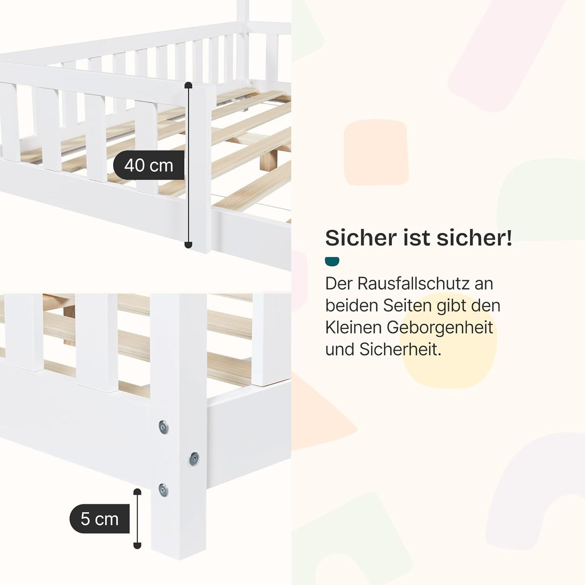[en.casa] Kinderbett Montessori Hausbett Kiefernholz mit Rausfallschutz und Lattenrost für Kinder Bodenbett Weiß