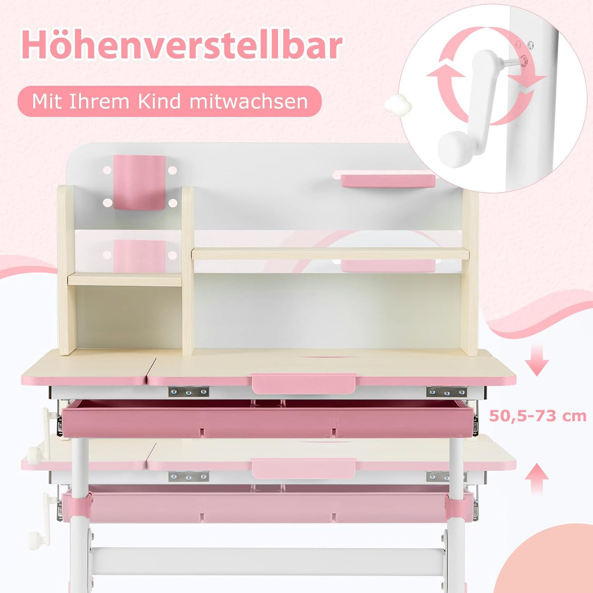 COSTWAY Kinderschreibtisch höhenverstellbar - neigbare Tischplatte, Regal & Schublade