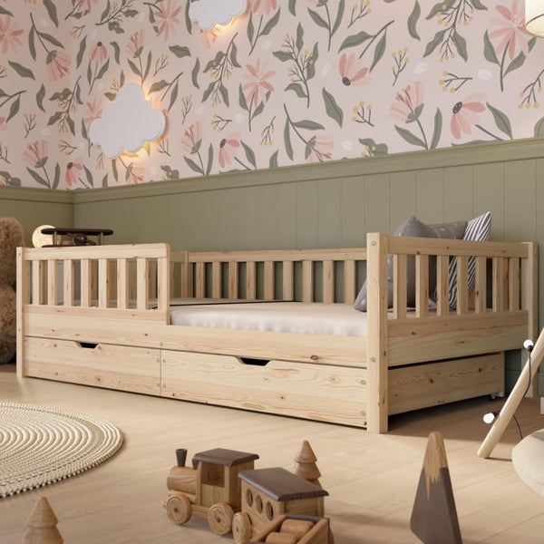 Crazy Pine Kinderbett Montessori mit Schubladen, Massivholz, Rausfallschutz, Lattenrost inklusive, Skandinavisches Design