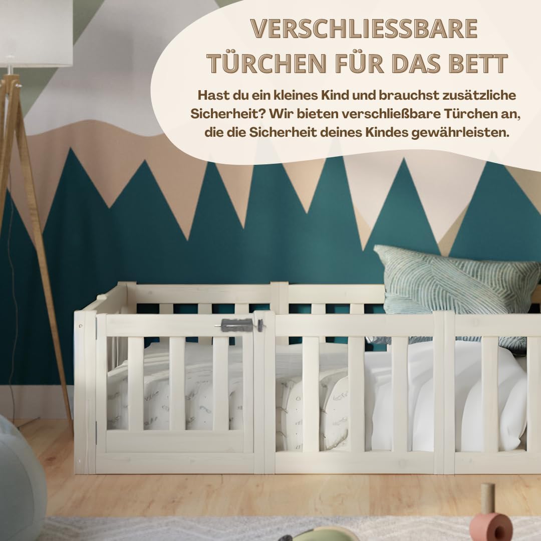 Kinderbett 120x200 cm – Montessori Bodenbett mit Rausfallschutz 40cm und Öffnbarer Barriere - Weiß mit Glatter Oberfläche - Perfekt für Jungen und Mädchen Crazy Johnny