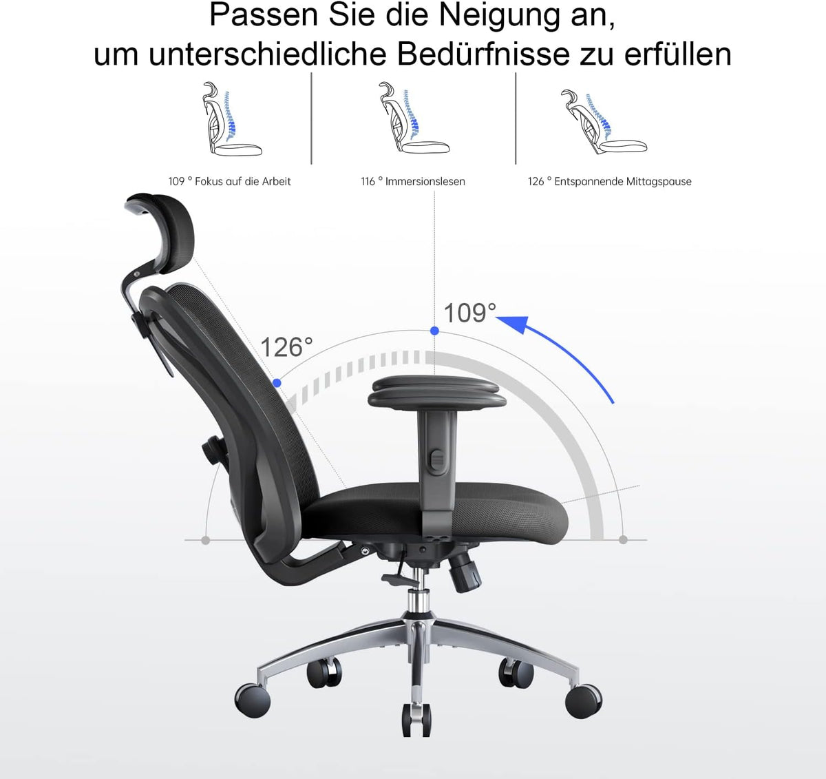 SIHOO Ergonomischer Bürostuhl – Verstellbare Lendenstütze, Kopfstütze, Wippfunktion, Belastbar bis 150 kg