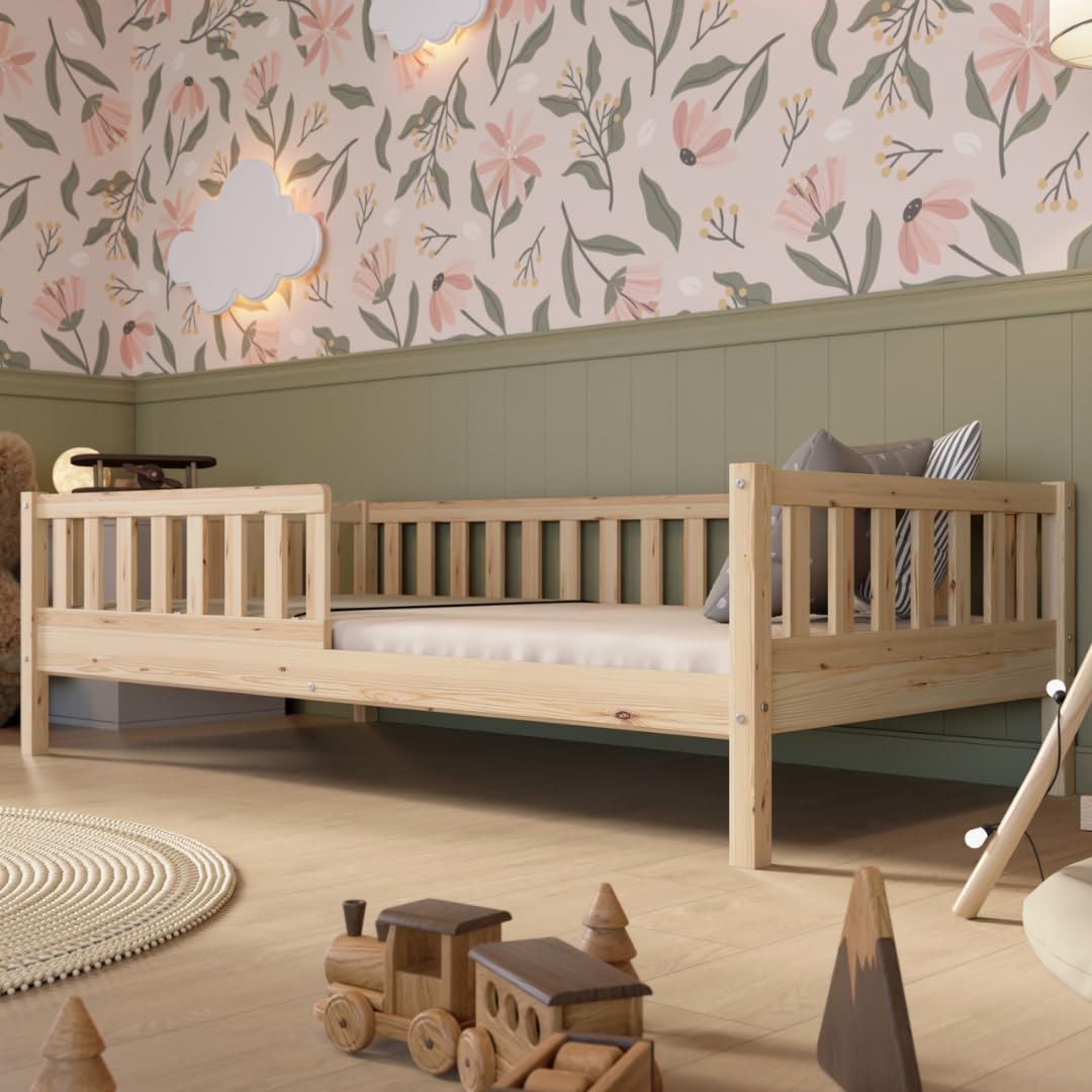 Crazy Pine Kinderbett Montessori mit Schubladen, Massivholz, Rausfallschutz, Lattenrost inklusive, Skandinavisches Design