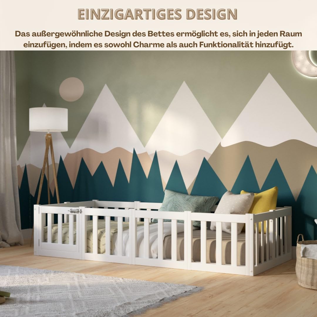 Kinderbett 120x200 cm – Montessori Bodenbett mit Rausfallschutz 40cm und Öffnbarer Barriere - Weiß mit Glatter Oberfläche - Perfekt für Jungen und Mädchen Crazy Johnny