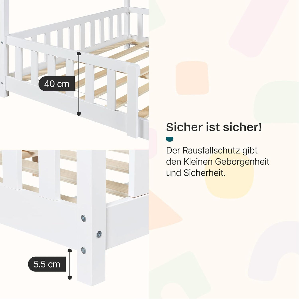 [en.casa] Montessori Kinderbett Hausbett aus Holz mit Rausfallschutz & Lattenrost – Bodenbett für Kinder