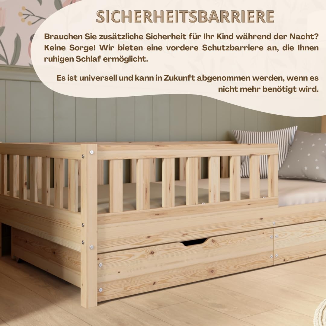 Crazy Pine Kinderbett Montessori mit Schubladen, Massivholz, Rausfallschutz, Lattenrost inklusive, Skandinavisches Design
