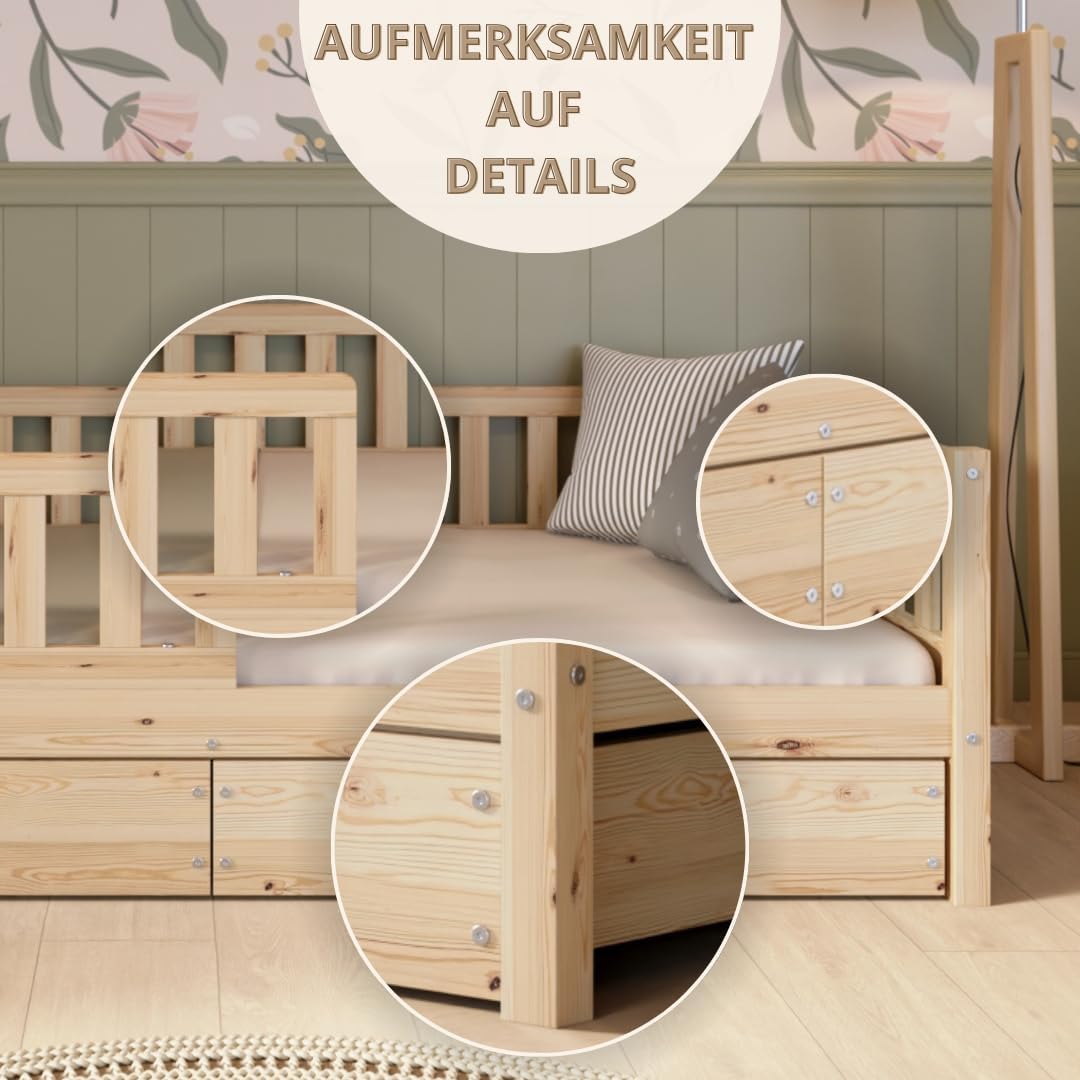 Crazy Pine Kinderbett Montessori mit Schubladen, Massivholz, Rausfallschutz, Lattenrost inklusive, Skandinavisches Design