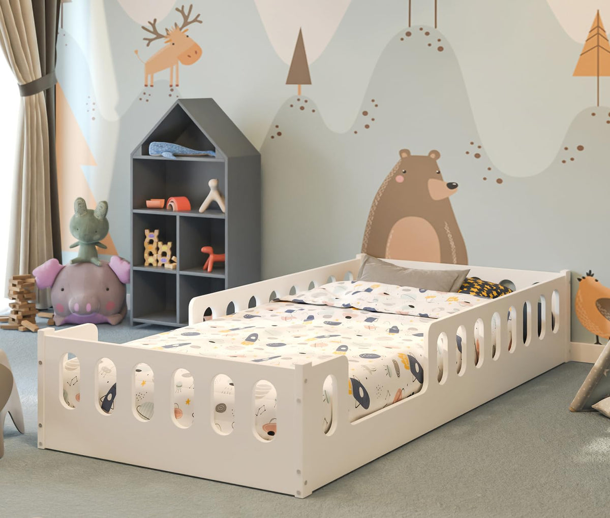 CADANI Monte Montessori Bodenbett Kinderbett mit Rausfallschutz, umbaubar, Massivholz, Rollrost, weiß