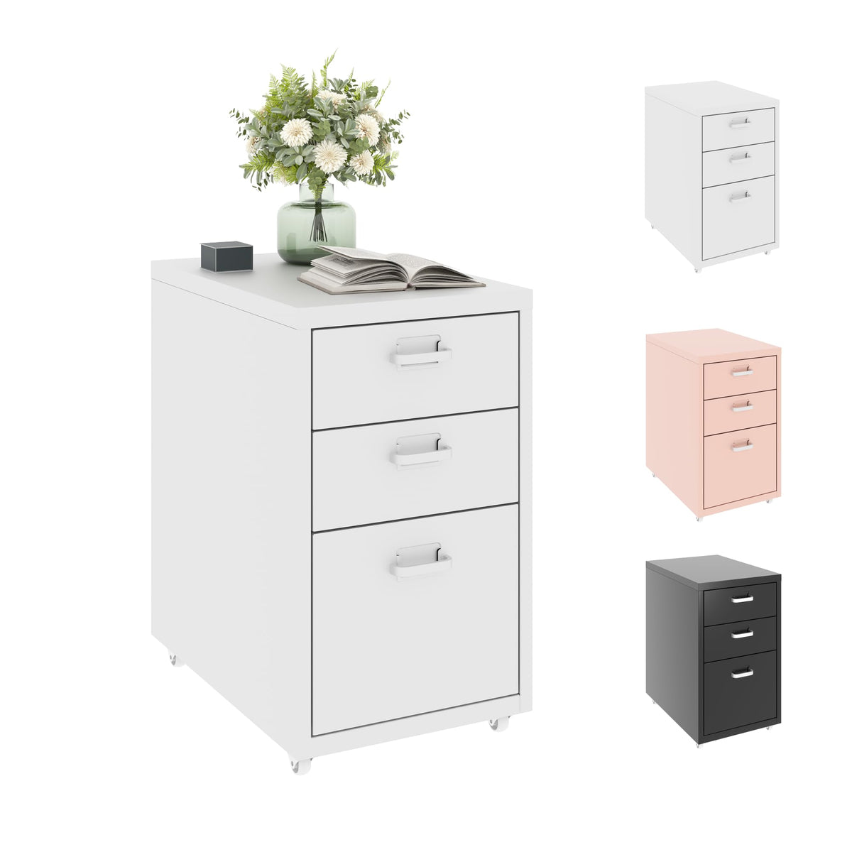 FLEXISPOT Rollcontainer Büroschrank mit 3 Schubladen | Mobiler Aktenschrank Metallkommode mit Rollen | Schreibtisch-Unterschrank für Zuhause & Büro