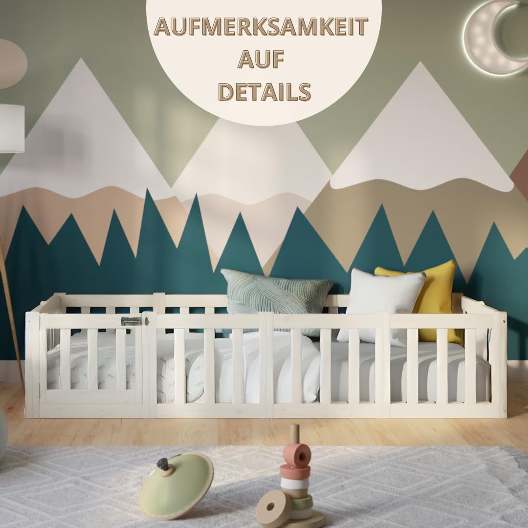 Kinderbett 120x200 cm – Montessori Bodenbett mit Rausfallschutz 40cm und Öffnbarer Barriere - Weiß mit Glatter Oberfläche - Perfekt für Jungen und Mädchen Crazy Johnny