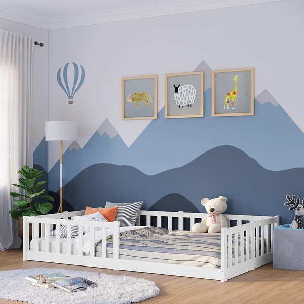 Bellabino Montessori floor bed for children made of pine wood with fall protection & slatted frame, 120x200 cm, white