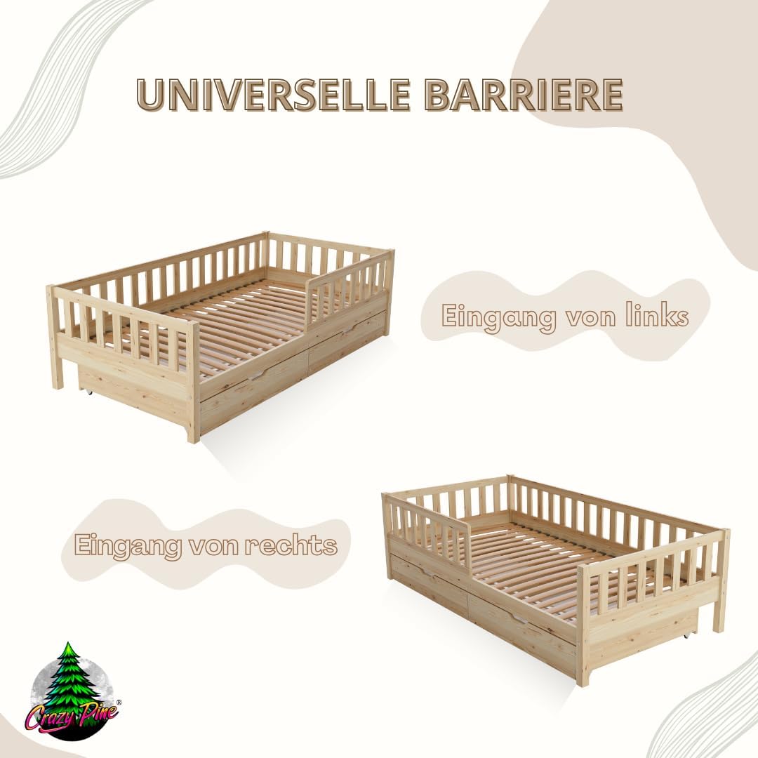 Crazy Pine Kinderbett Montessori mit Schubladen, Massivholz, Rausfallschutz, Lattenrost inklusive, Skandinavisches Design