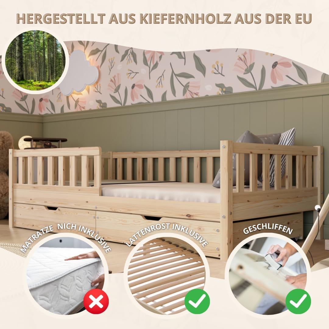 Crazy Pine Kinderbett Montessori mit Schubladen, Massivholz, Rausfallschutz, Lattenrost inklusive, Skandinavisches Design