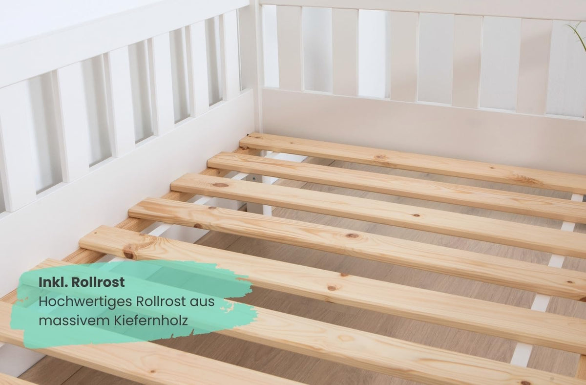 TiCAA Kinderbett Hausbett Montessori Bodenbett aus Massivholz mit Rausfallschutz