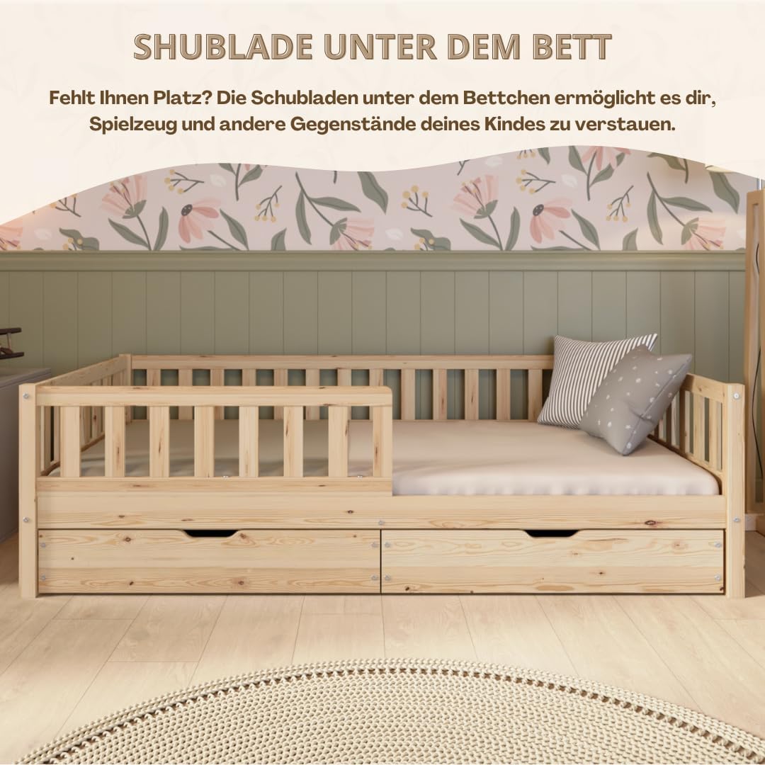 Crazy Pine Kinderbett Montessori mit Schubladen, Massivholz, Rausfallschutz, Lattenrost inklusive, Skandinavisches Design