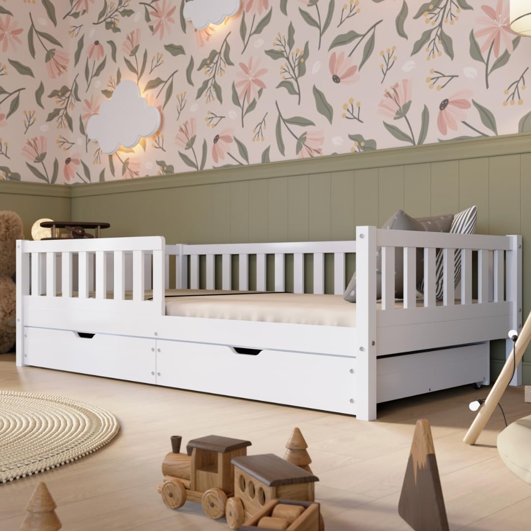 Crazy Pine Kinderbett Montessori mit Schubladen, Massivholz, Rausfallschutz, Lattenrost inklusive, Skandinavisches Design