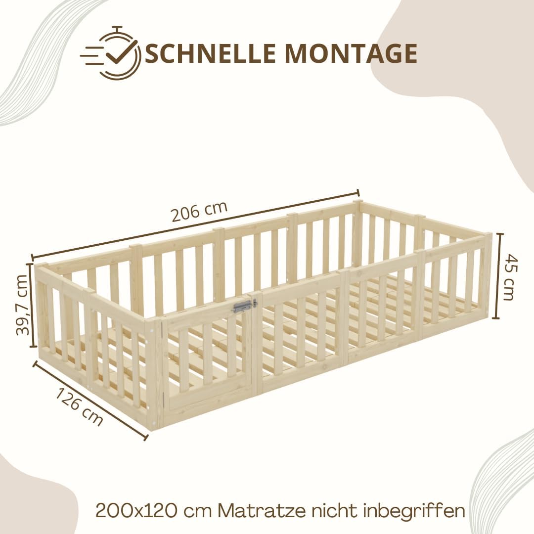 Kinderbett 120x200 cm – Montessori Bodenbett mit Rausfallschutz 40cm und Öffnbarer Barriere - Weiß mit Glatter Oberfläche - Perfekt für Jungen und Mädchen Crazy Johnny
