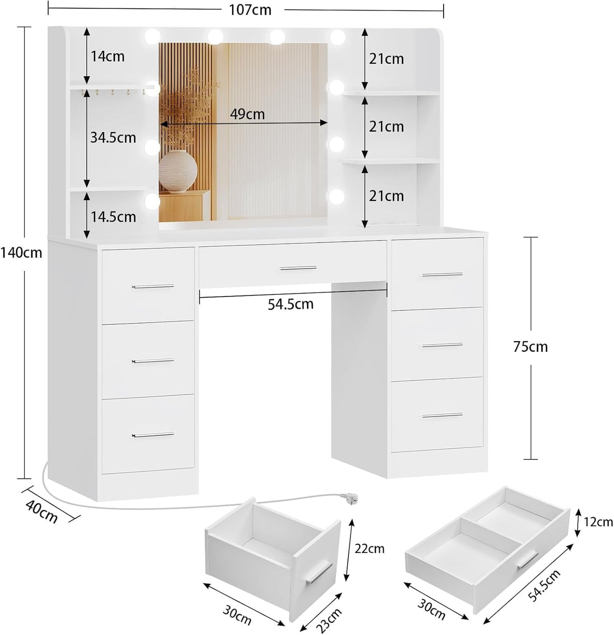 TEENFON Dressing Table with LED Mirror & Power Outlets, 7 Drawers, White