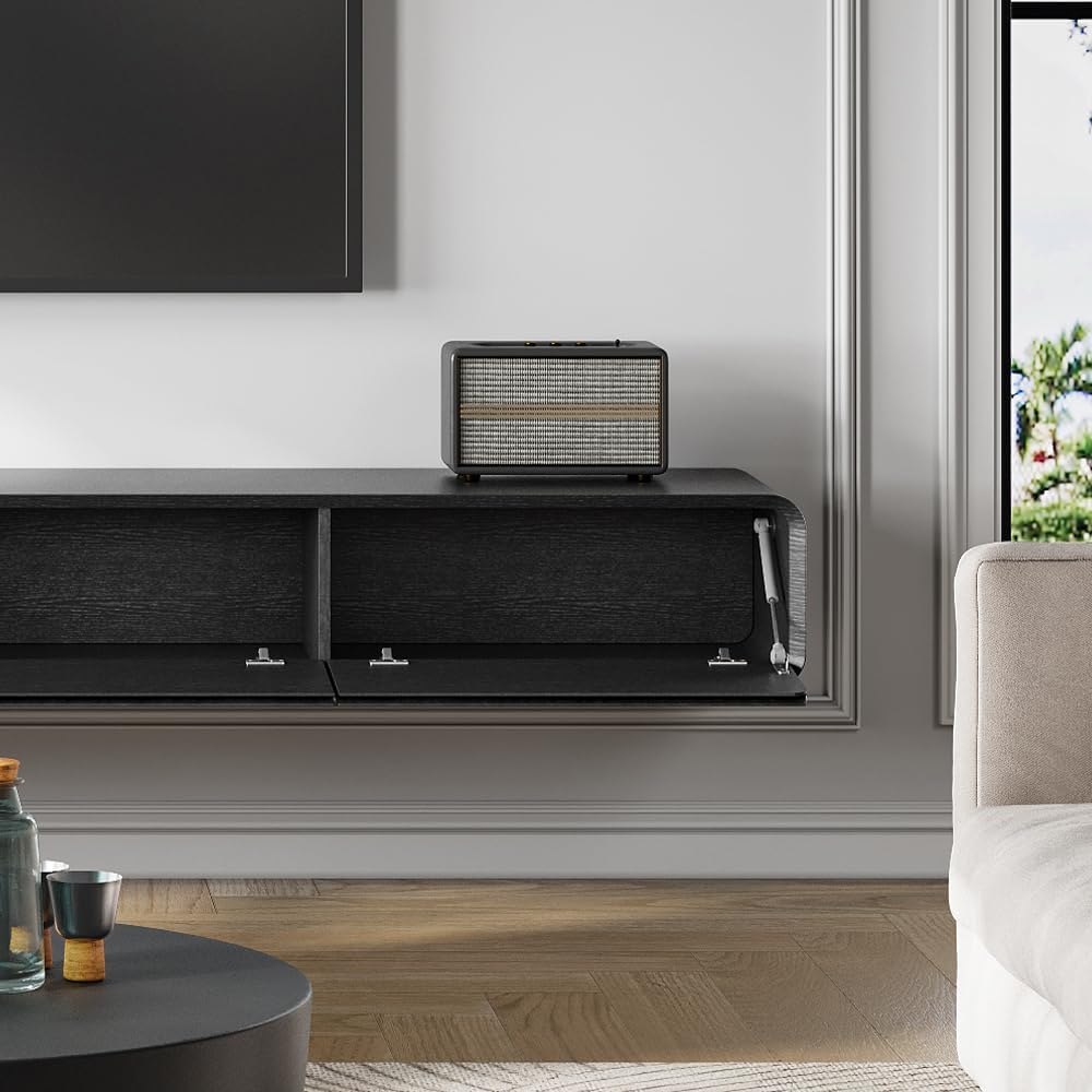 POVISON Floating TV Stand Solid Wood – Modern Wall Mounted Media Console with Storage & Cable Management