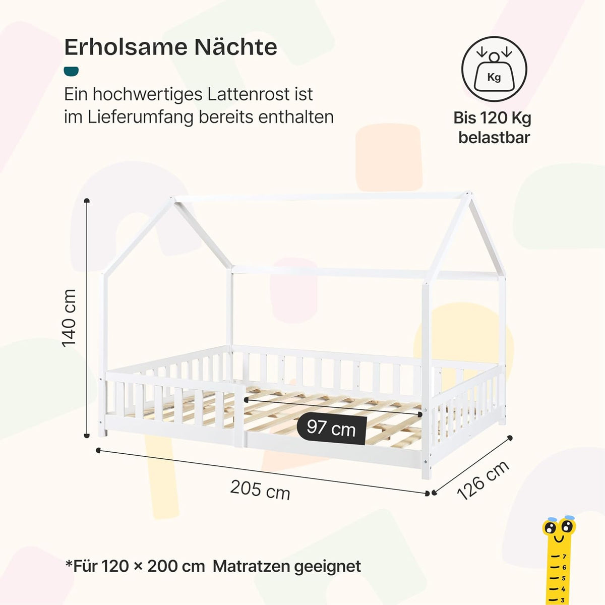 [en.casa] Montessori Kinderbett Hausbett aus Holz mit Rausfallschutz & Lattenrost – Bodenbett für Kinder