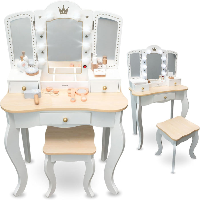 Mamabrum XXL Kinderschminktisch aus Holz mit LED-Spiegel, Hocker & Beauty Zubehör