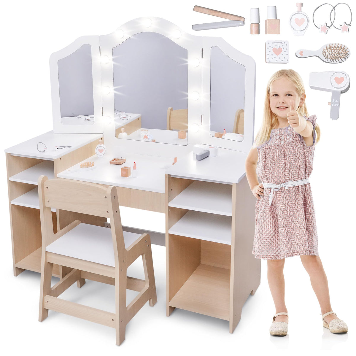 Mamabrum XXL Kinder Schminktisch aus Holz mit LED-Spiegel, Hocker & Beauty Zubehör