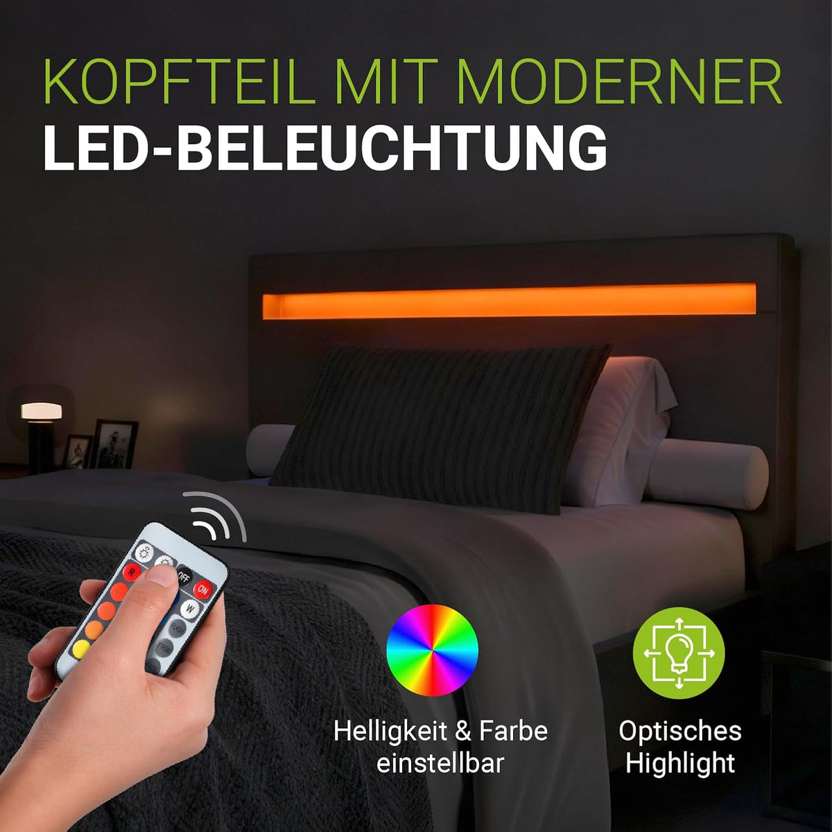 Juskys Polsterbett Paris mit LED-Beleuchtung, Holzgestell & Lattenrost, modernes Schlafzimmerbett