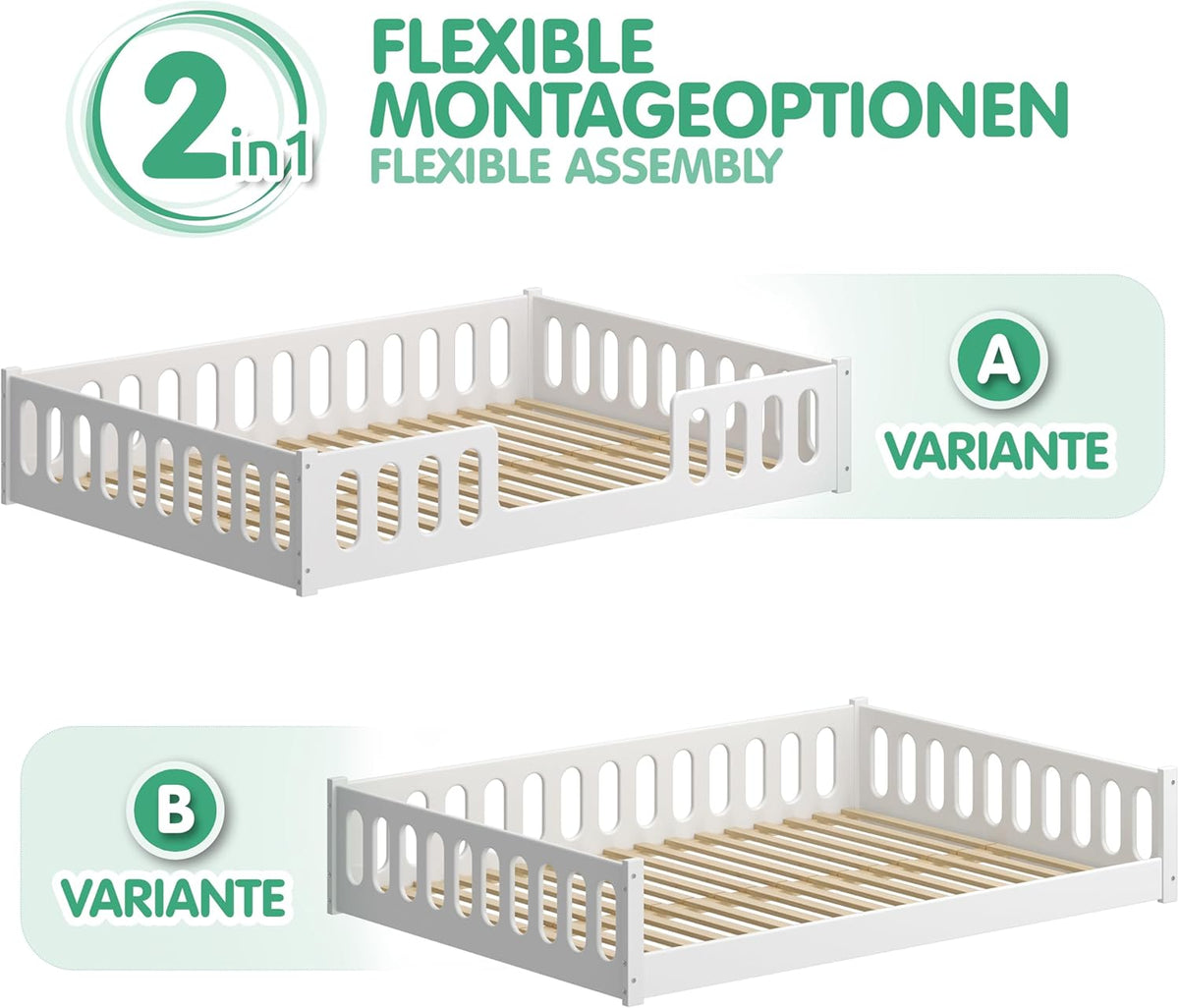 CADANI Monte Montessori Bodenbett Kinderbett mit Rausfallschutz, umbaubar, Massivholz, Rollrost, weiß