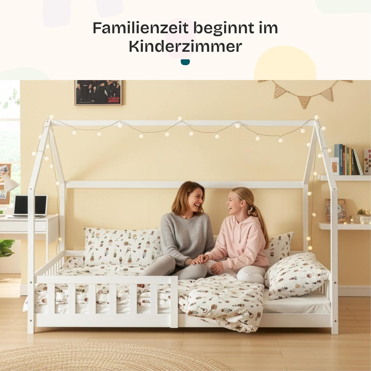 [en.casa] Montessori Kinderbett Hausbett aus Holz mit Rausfallschutz & Lattenrost – Bodenbett für Kinder