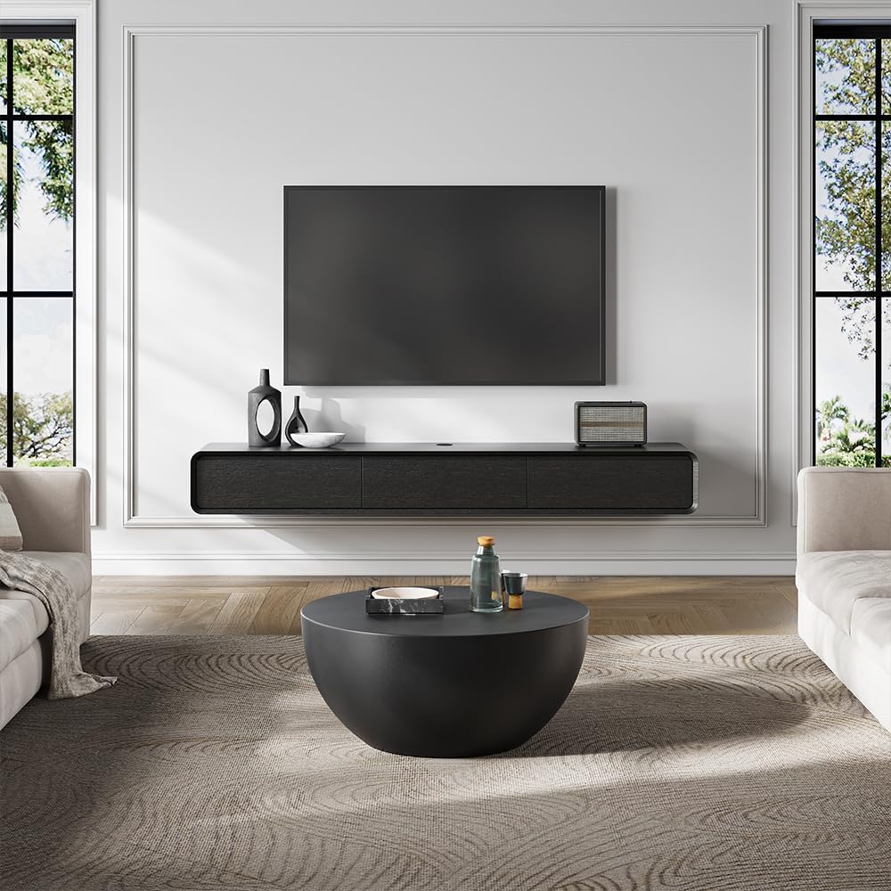 POVISON Floating TV Stand Solid Wood – Modern Wall Mounted Media Console with Storage & Cable Management