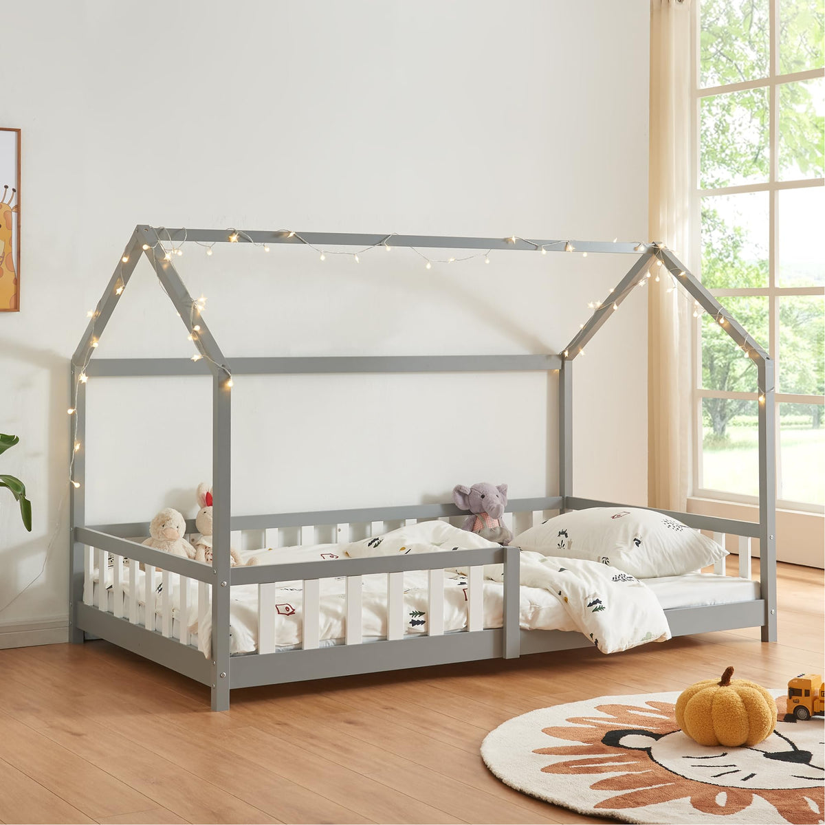 [en.casa] Montessori Kinderbett Hausbett aus Holz mit Rausfallschutz & Lattenrost – Bodenbett für Kinder